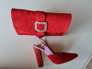 IN RED AND PINK SUEDE WITH 11CM RED GLITTER HEEL 