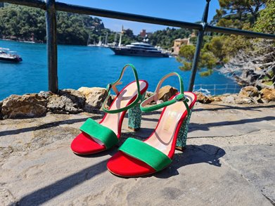 IN GREEN AND RED SUEDE PLUS A LIGHT GREEN GLITTER HEEL  